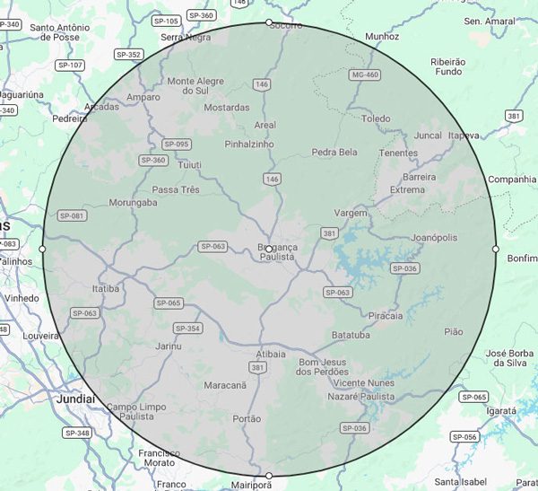 Mapa com raio de atendimento da GVK Baterias em Bragança Paulista, SP